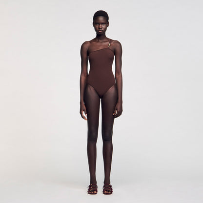 Sandro Asymmetric bodysuit with bead detail Brown