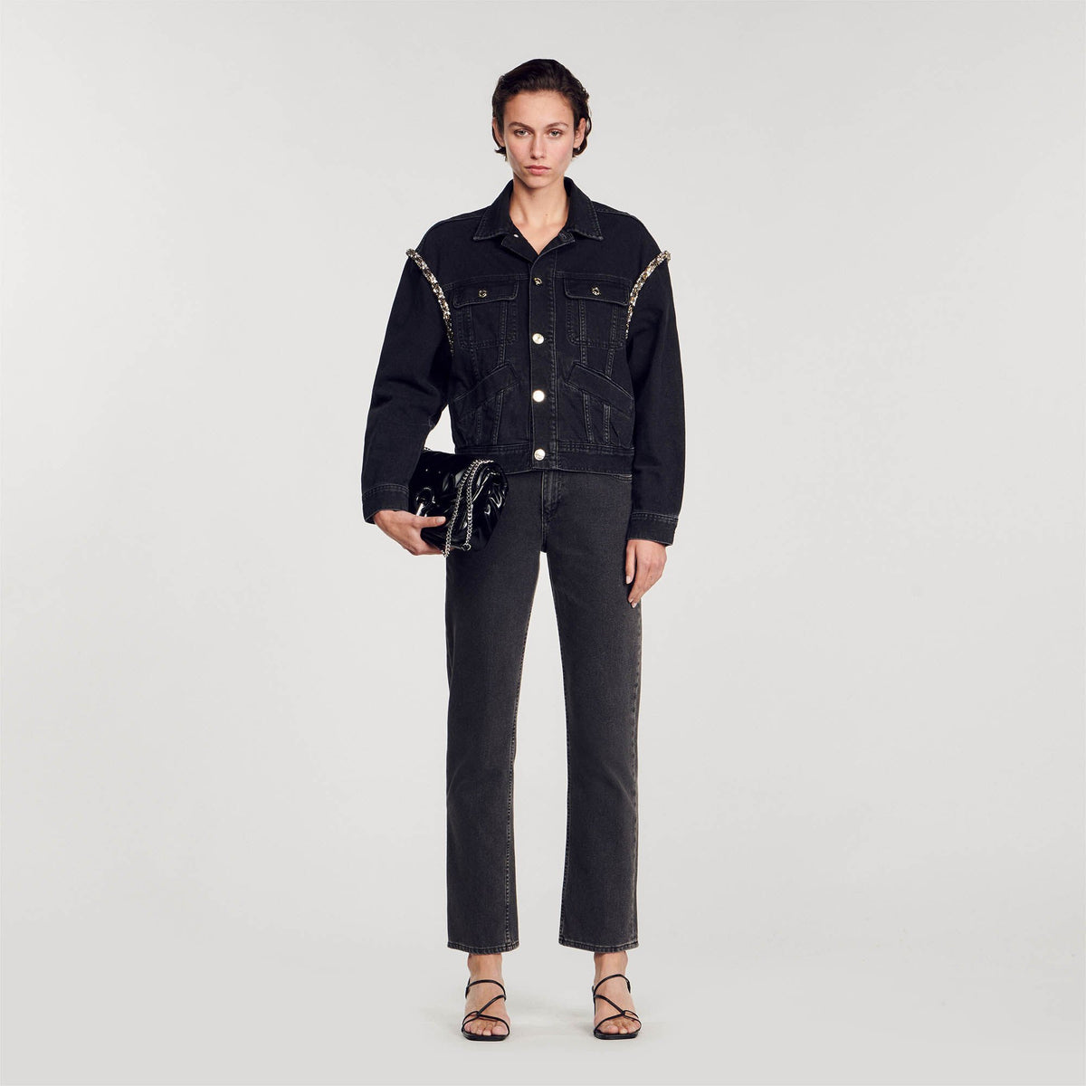 Sandro Oversized denim jacket with rhinestones Black