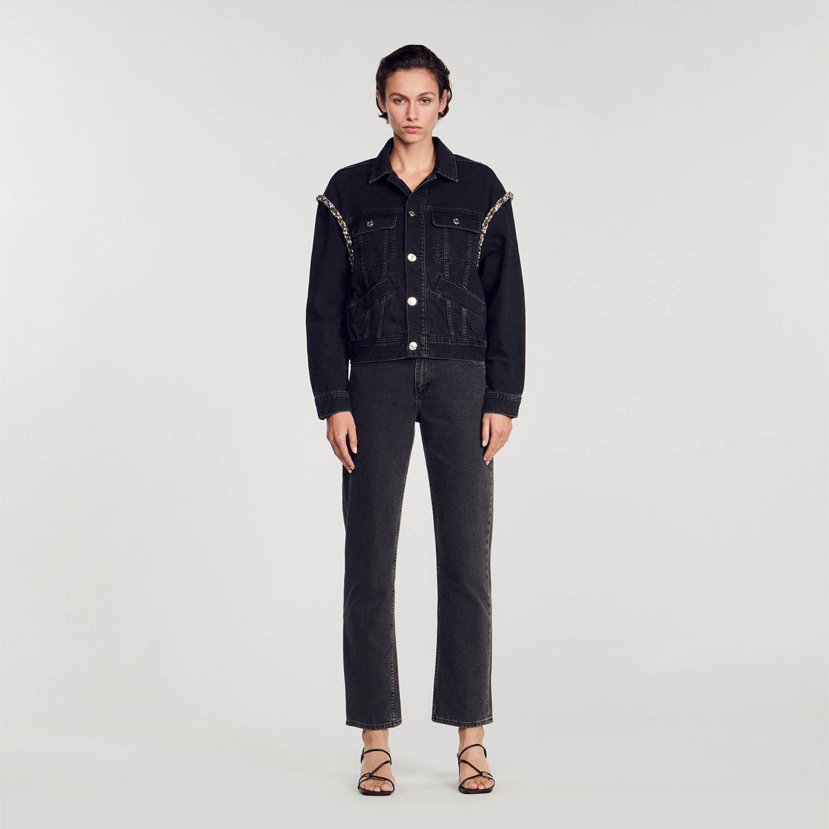 Sandro Oversized denim jacket with rhinestones Black