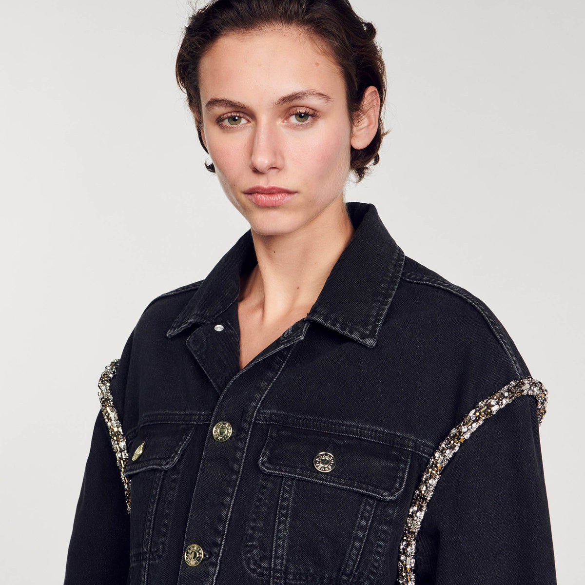 Sandro Oversized denim jacket with rhinestones Black