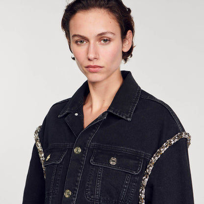 Sandro Oversized denim jacket with rhinestones Black