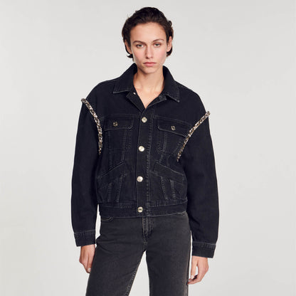 Sandro Oversized denim jacket with rhinestones Black