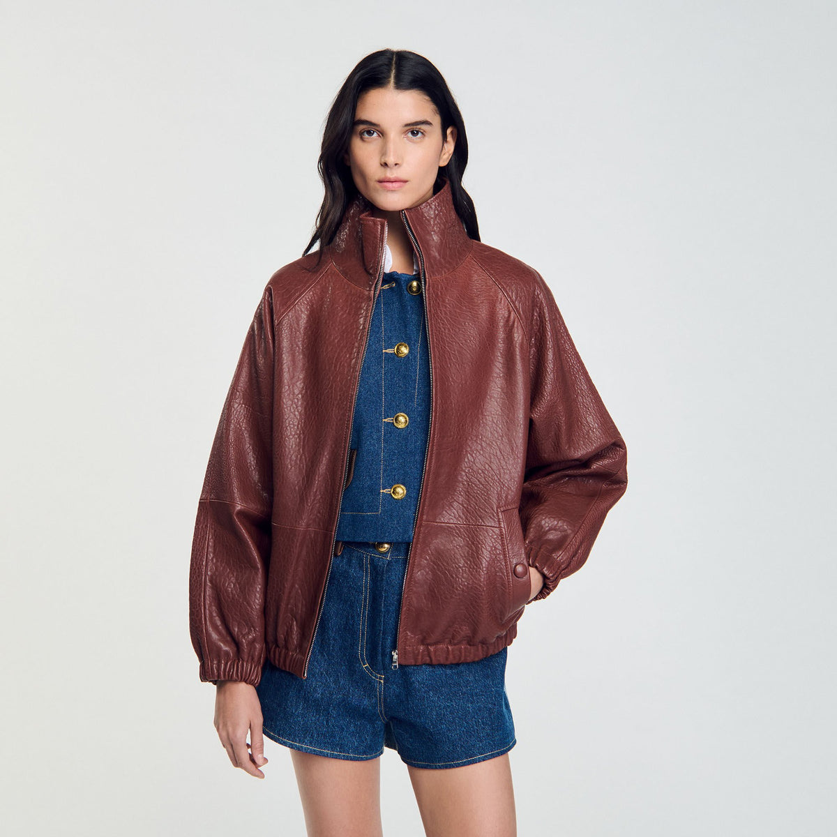 Sandro Oversized leather jacket Bordeaux
