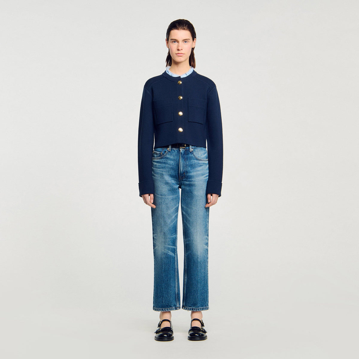 Sandro Cardigan with ruffle collar Navy Blue