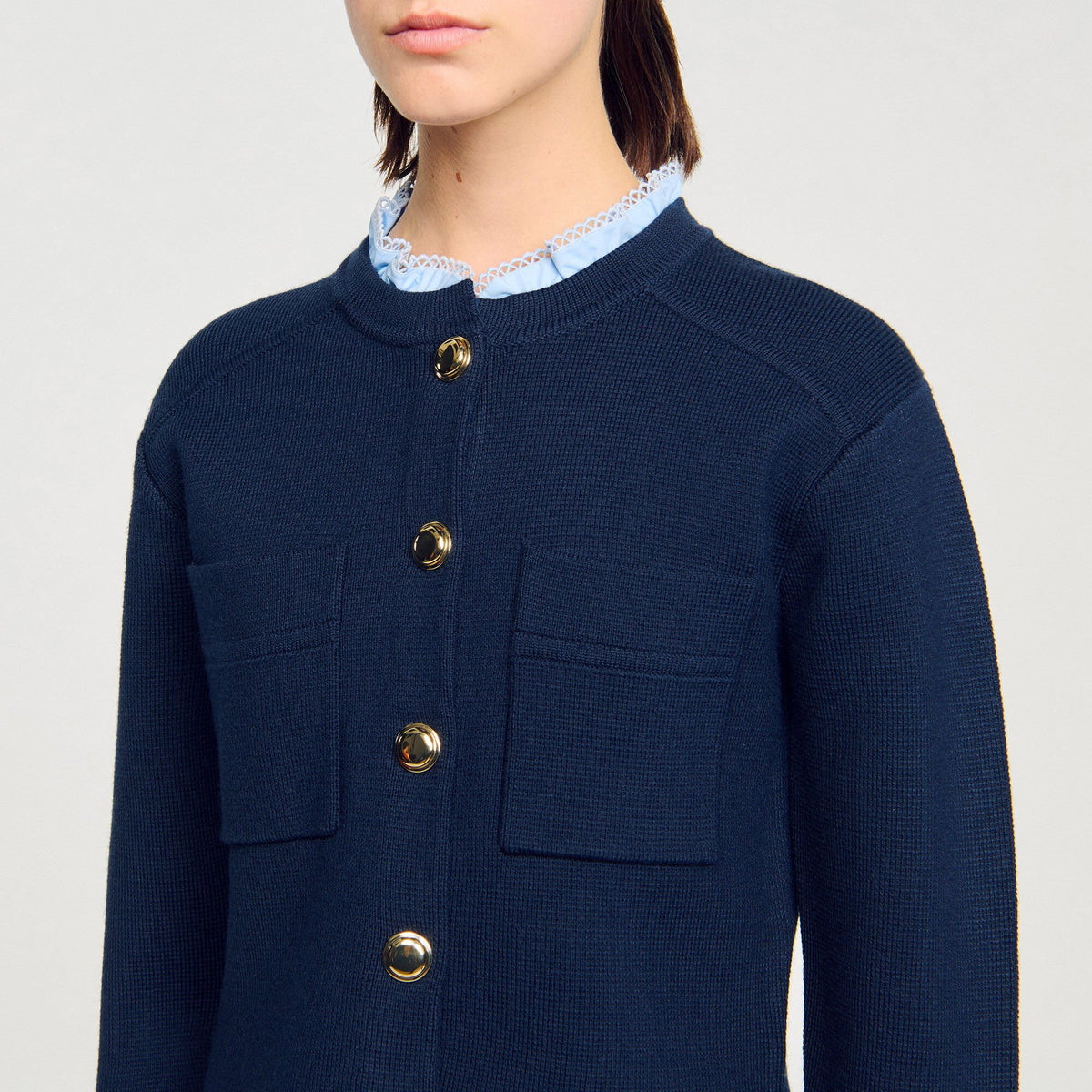 Sandro Cardigan with ruffle collar Navy Blue