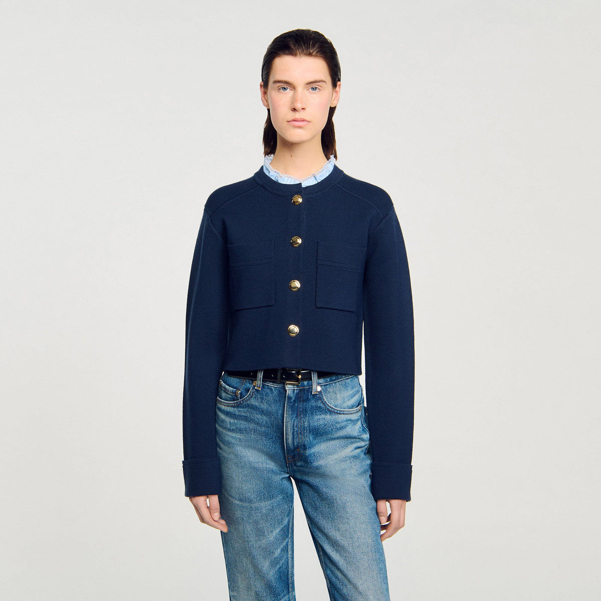 Sandro Cardigan with ruffle collar Navy Blue