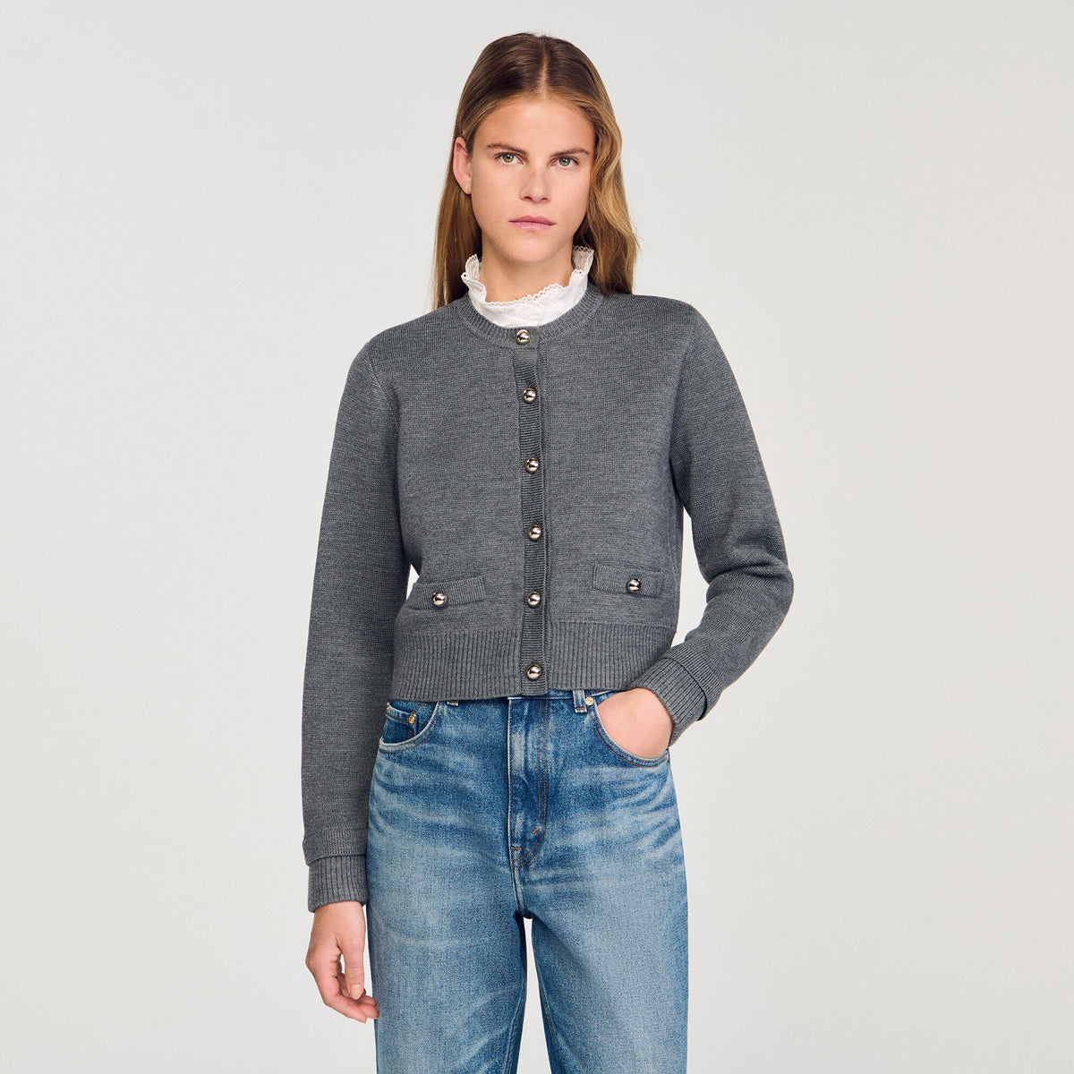 Sandro Cardigan with detachable ruffle collar Grey