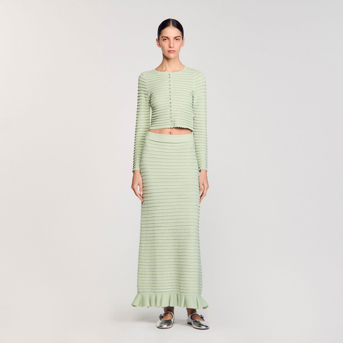 Sandro Rhinestone knit maxi skirt Almond Green