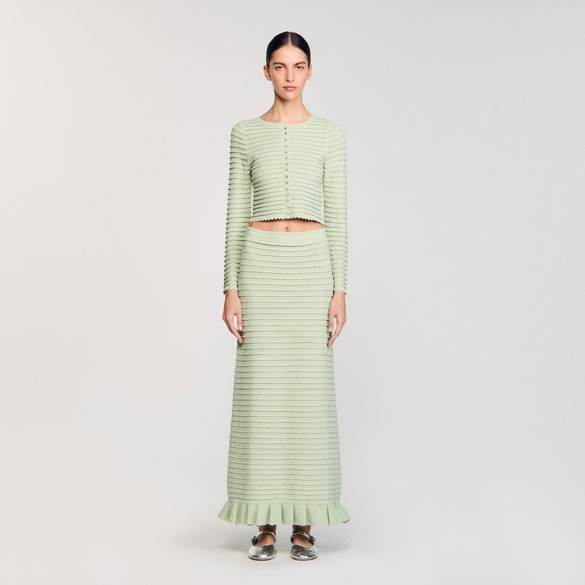 Sandro Rhinestone knit maxi skirt Almond Green
