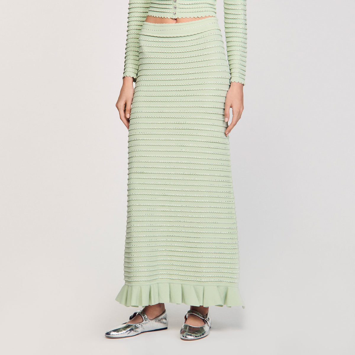 Sandro Rhinestone knit maxi skirt Almond Green