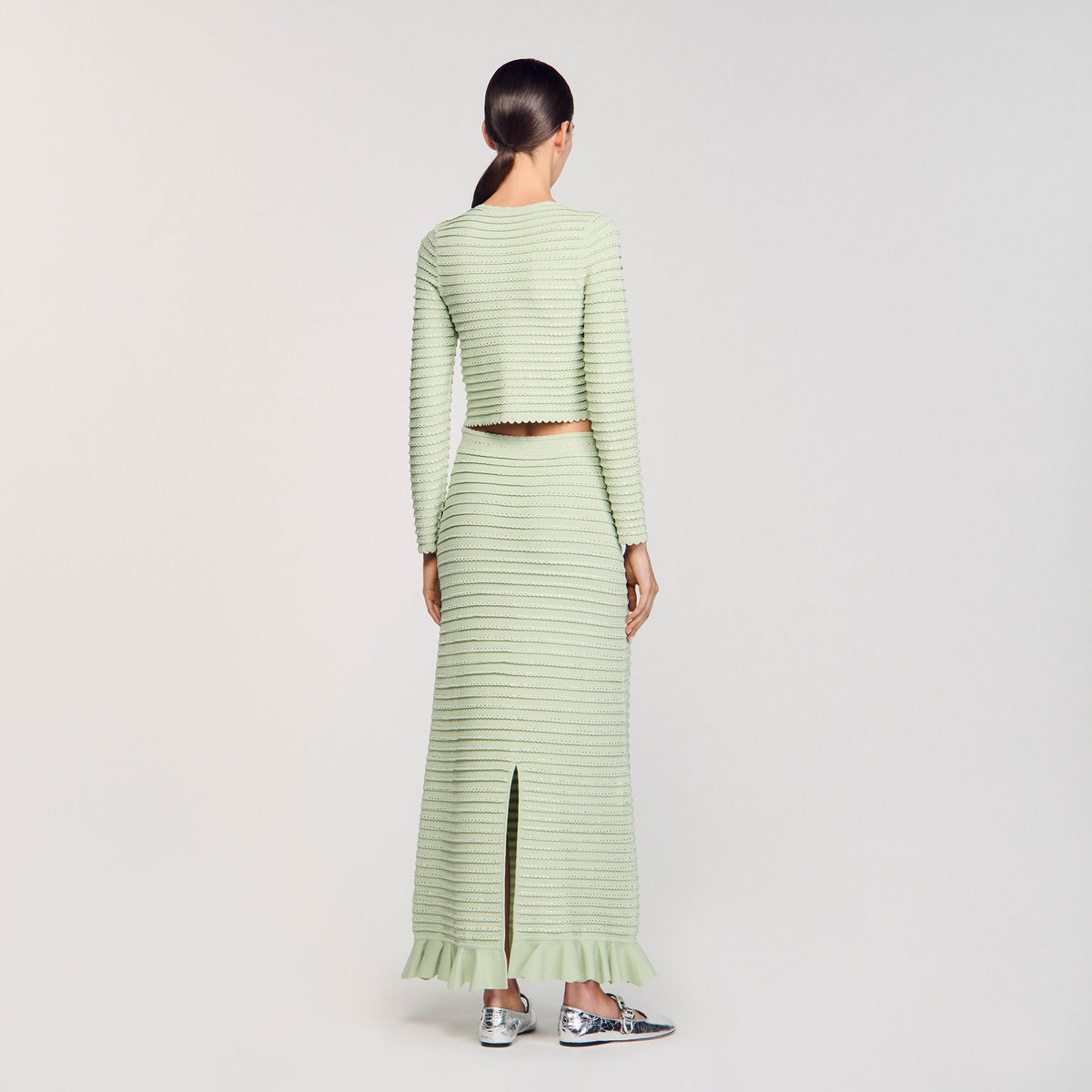 Sandro Rhinestone knit maxi skirt Almond Green