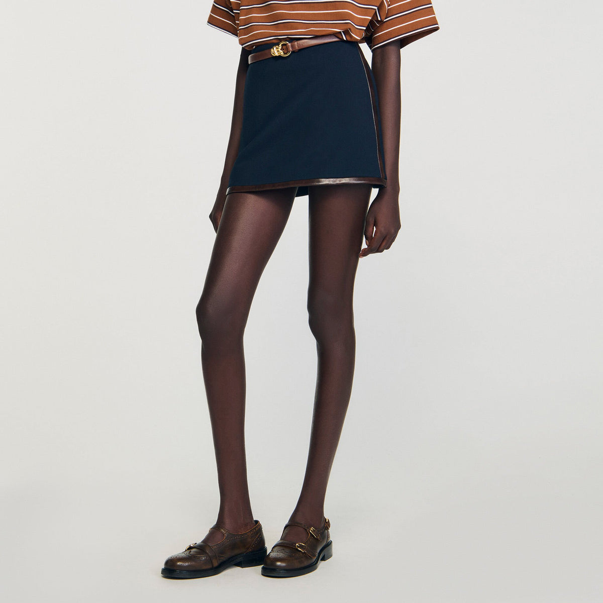 Sandro Mini skirt with leather bands Navy Blue