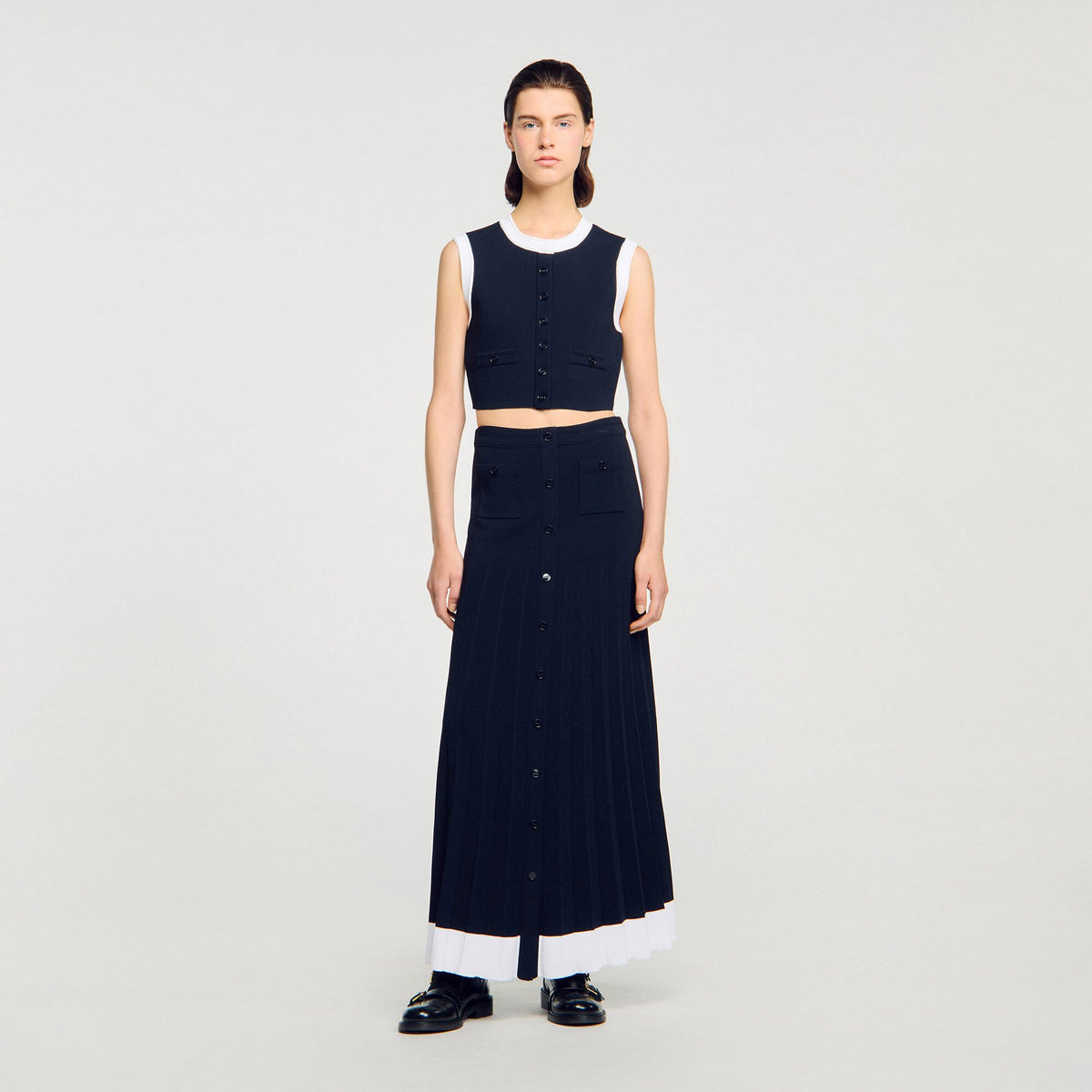 Sandro Maxi two-tone knit skirt Navy Blue
