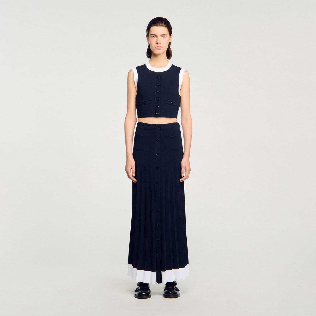 Sandro Maxi two-tone knit skirt Navy Blue