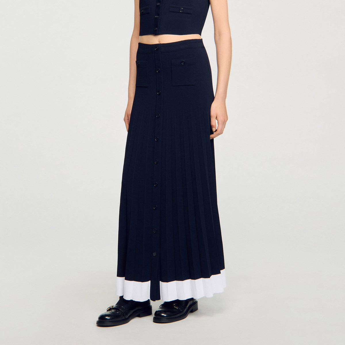 Sandro Maxi two-tone knit skirt Navy Blue