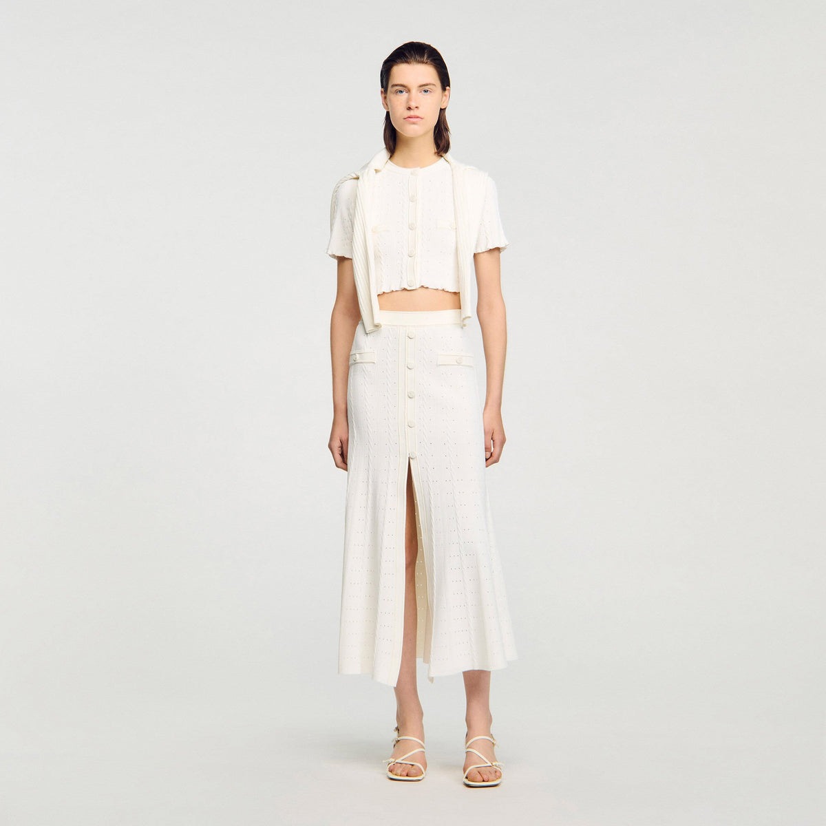Sandro Pointelle knit midi skirt Ecru