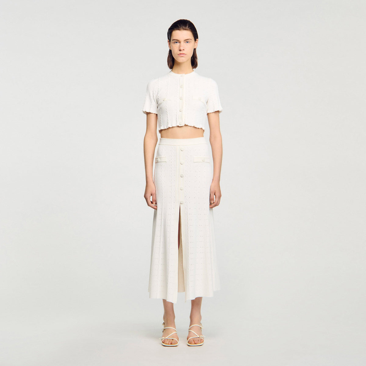 Sandro Pointelle knit midi skirt Ecru