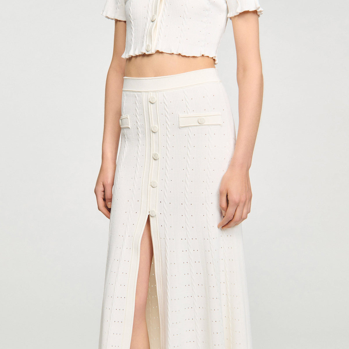 Sandro Pointelle knit midi skirt Ecru
