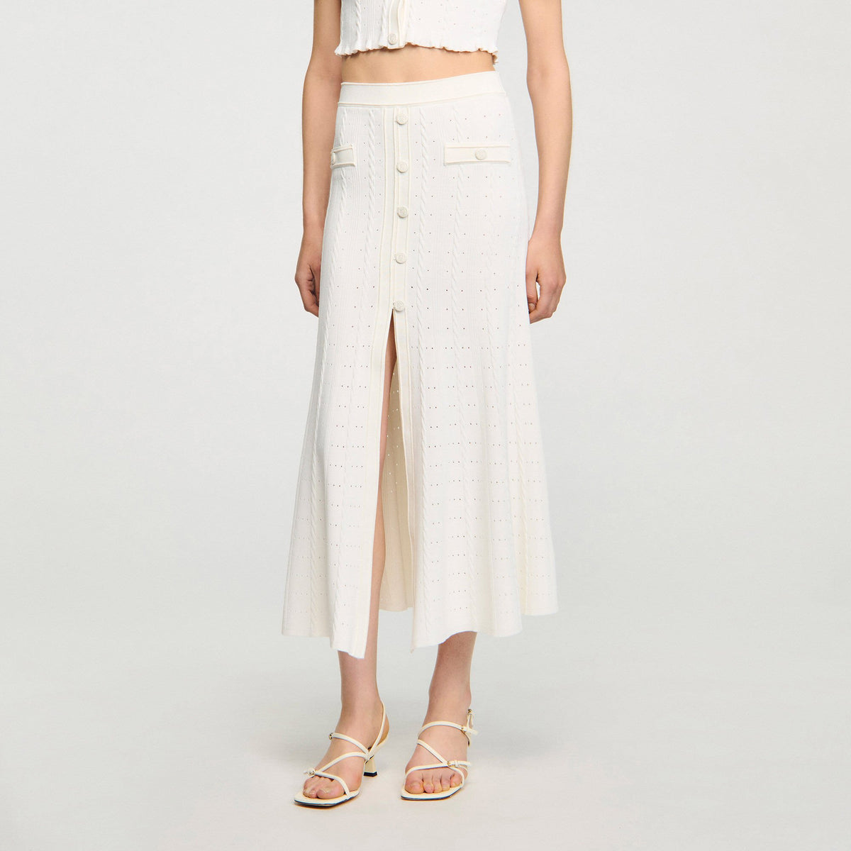 Sandro Pointelle knit midi skirt Ecru