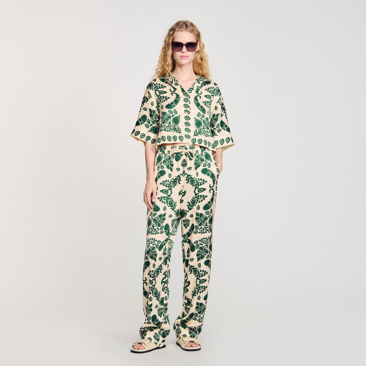 Sandro Floral pants Ecru / Green
