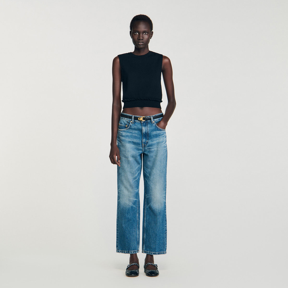 Sandro Ruffled cropped sweater Black