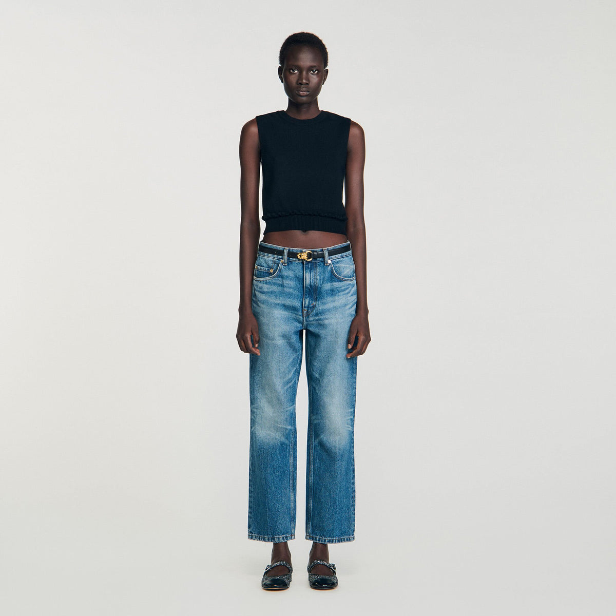Sandro Ruffled cropped sweater Black