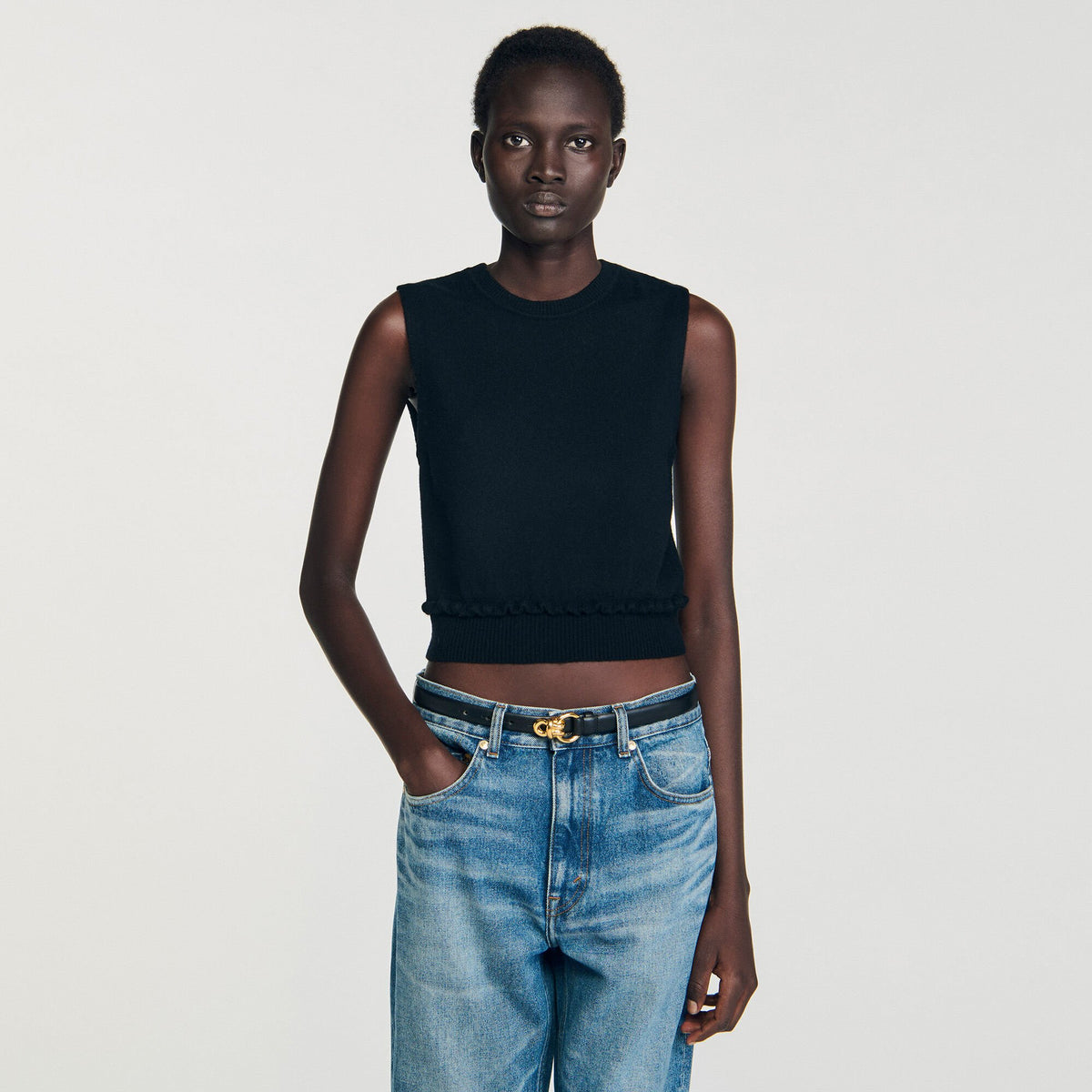 Sandro Ruffled cropped sweater Black