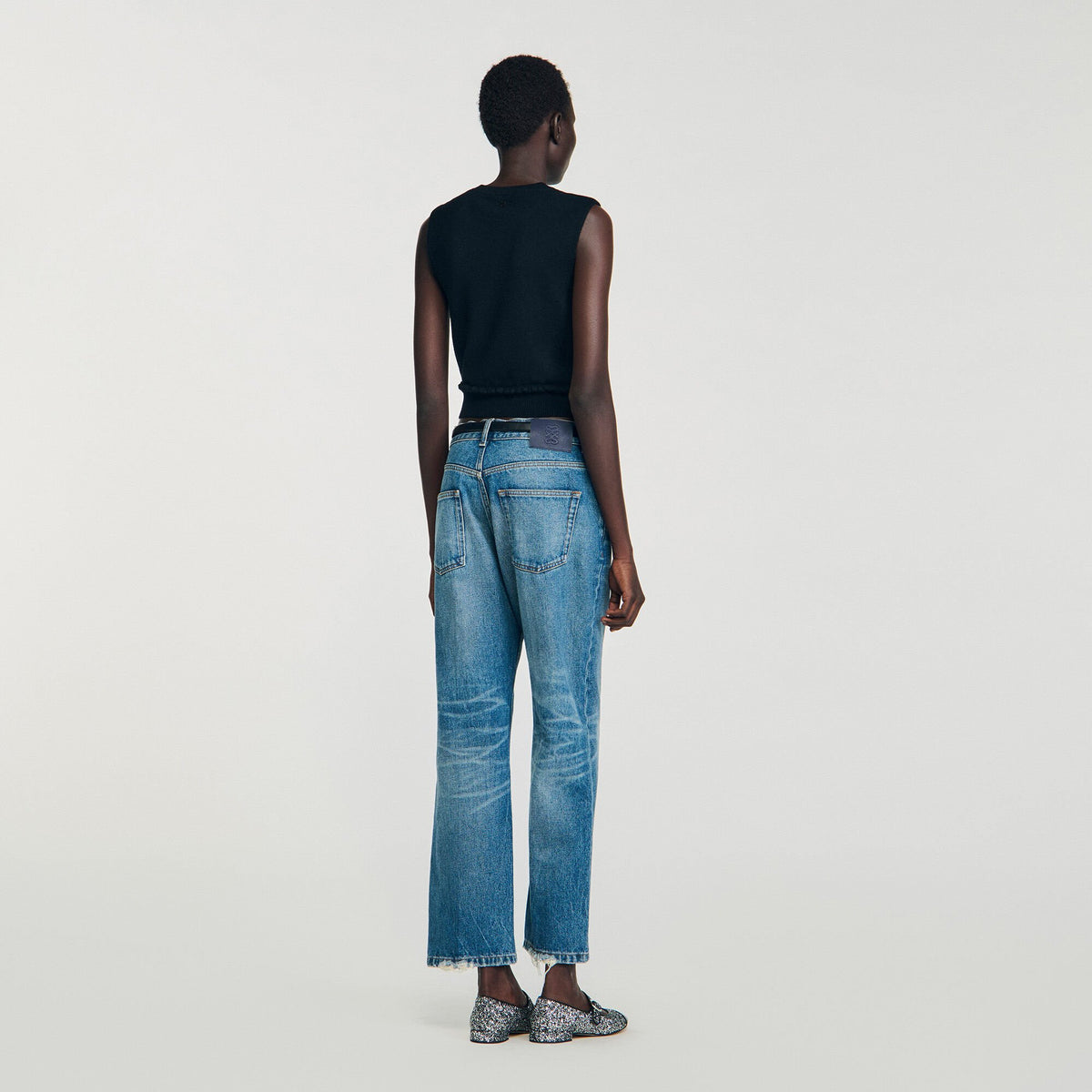 Sandro Ruffled cropped sweater Black