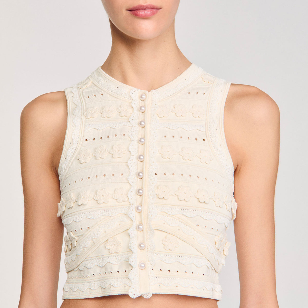 Sandro Crochet detail sweater Ecru