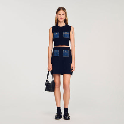 Sandro Knit and denim top Navy Blue