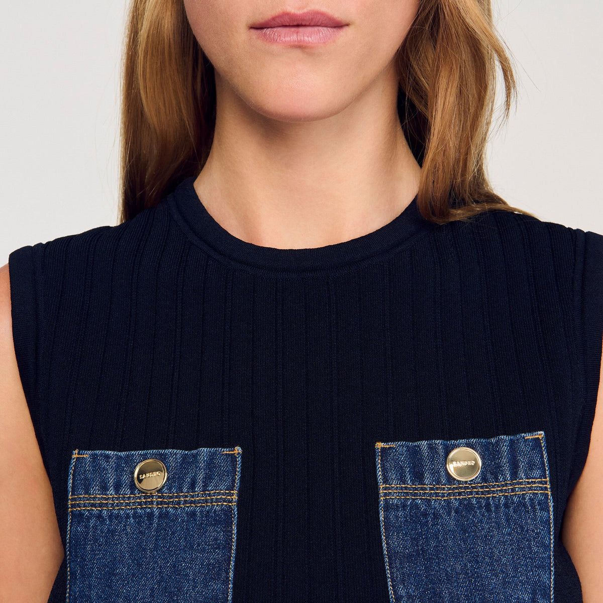 Sandro Knit and denim top Navy Blue