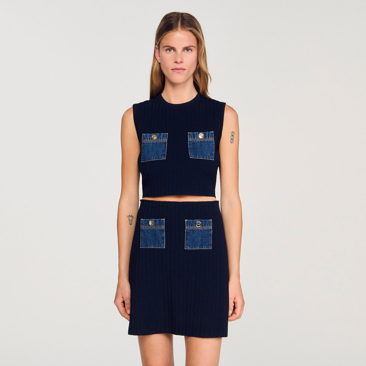 Sandro Knit and denim top Navy Blue