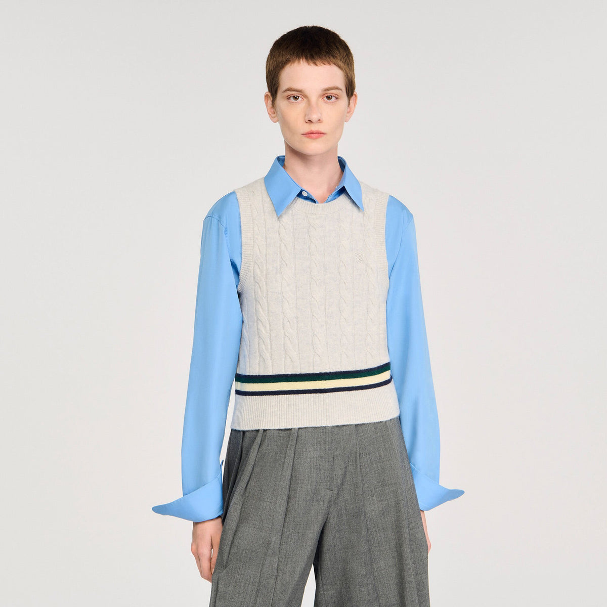 Sandro Sleeveless cropped cable knit sweater Grey