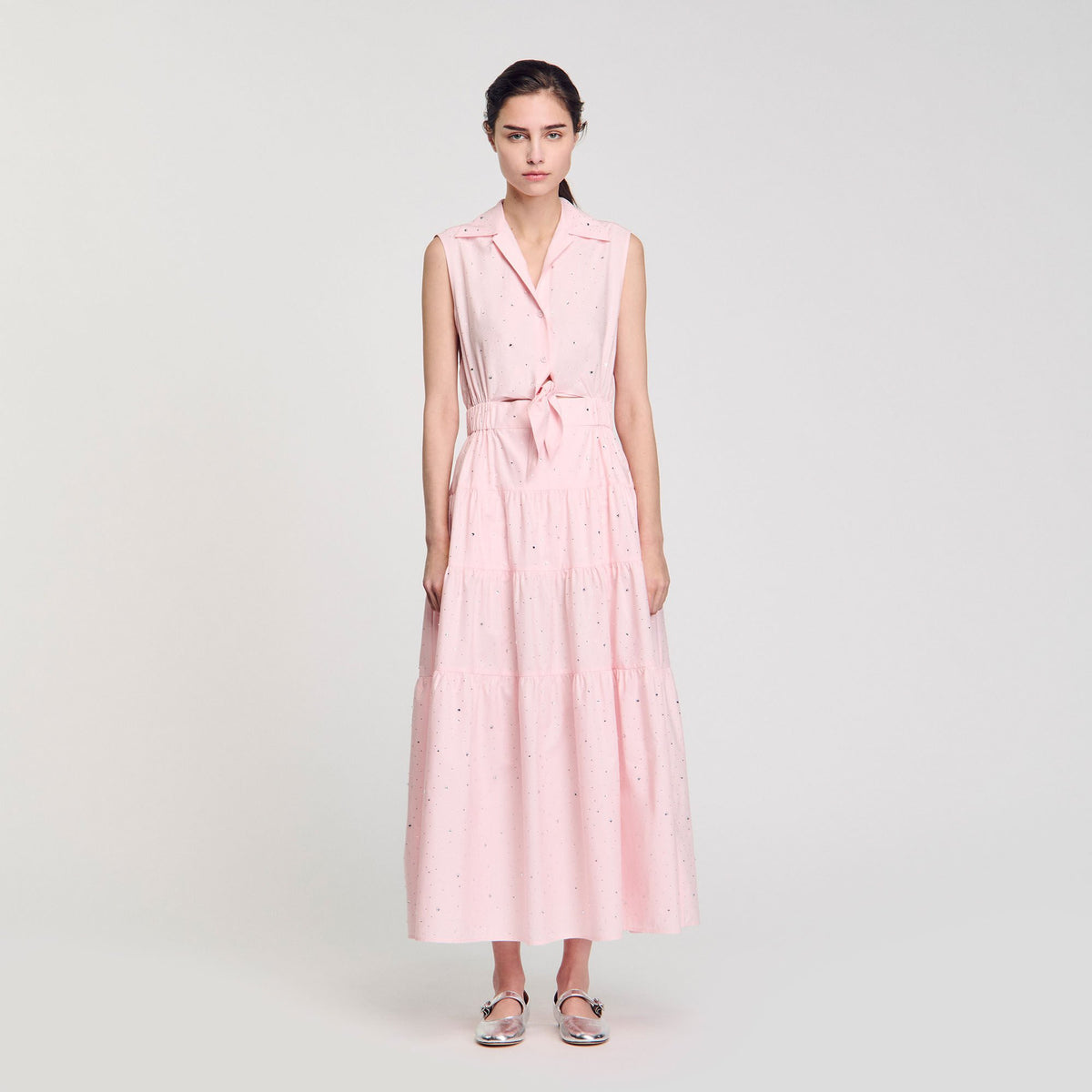 Sandro Rhinestone tie-front maxi dress Light Pink