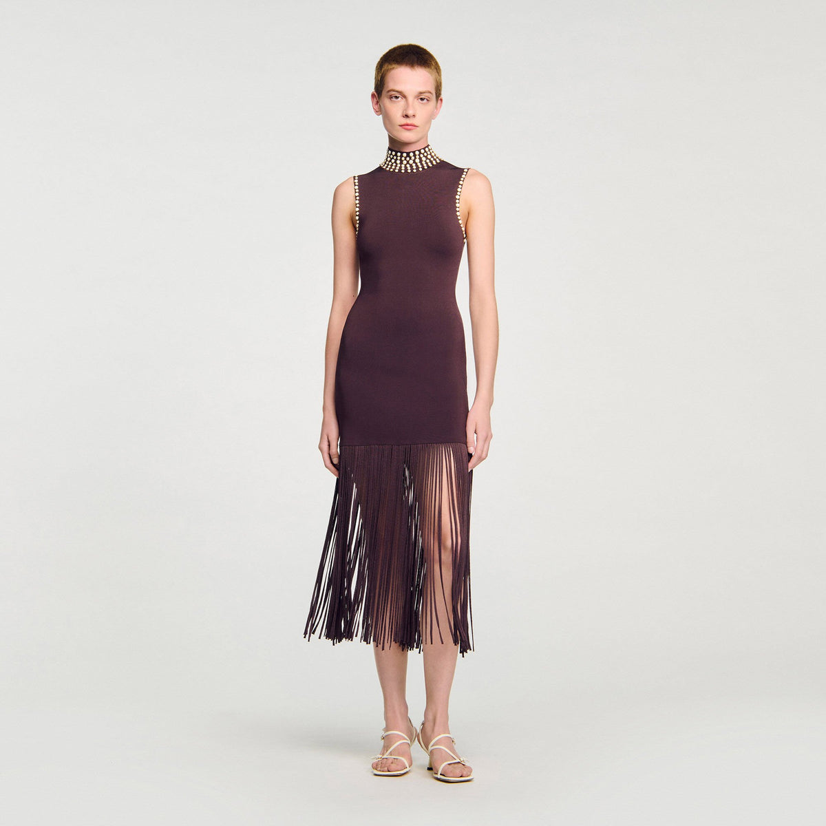 Sandro Fringed knit midi dress Brown