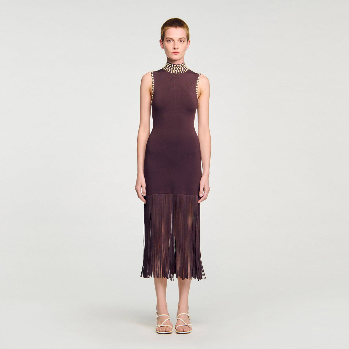 Sandro Fringed knit midi dress Brown