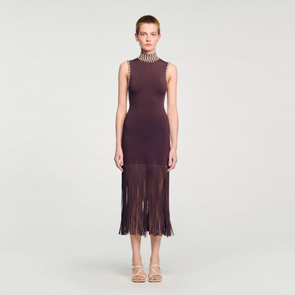 Sandro Fringed knit midi dress Brown