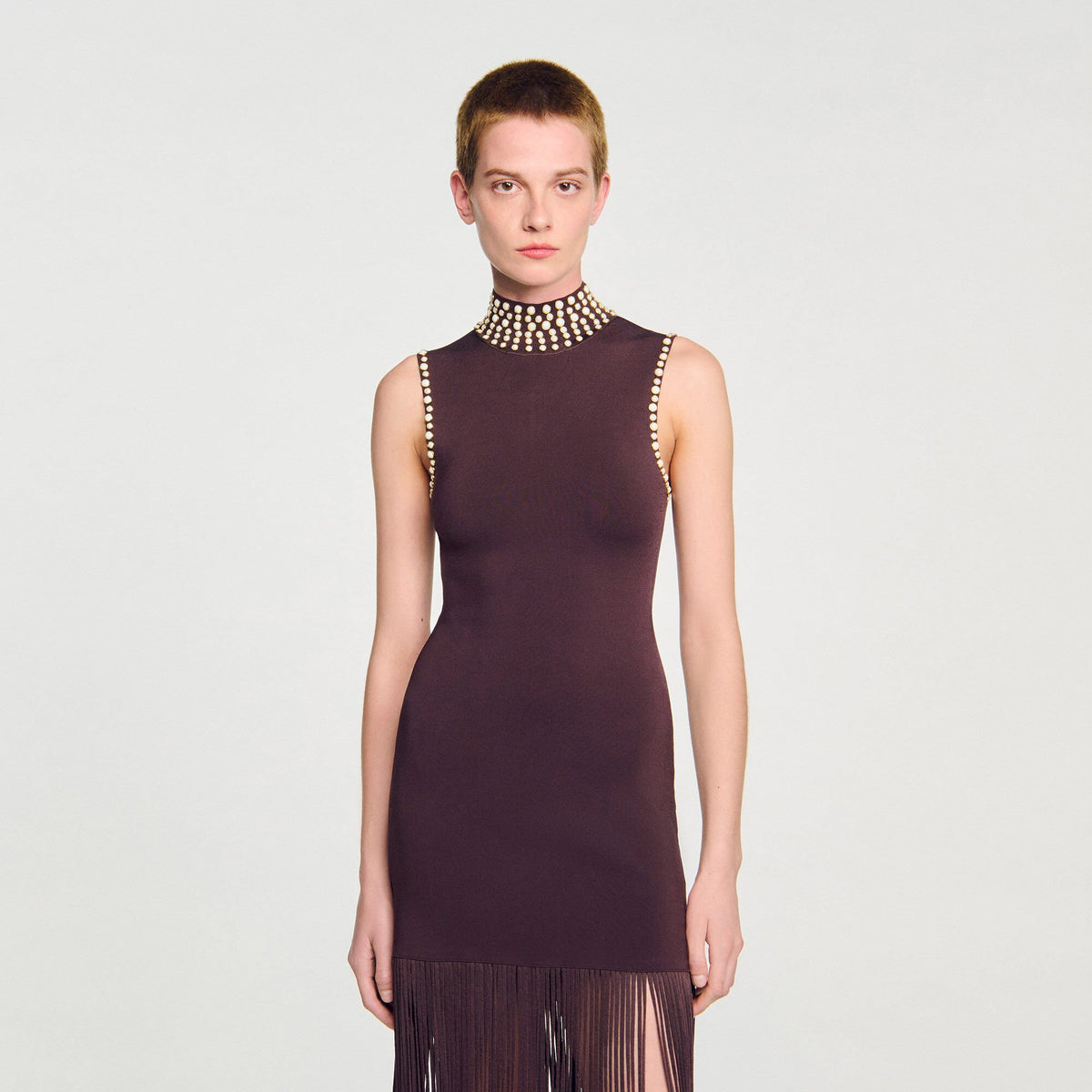 Sandro Fringed knit midi dress Brown