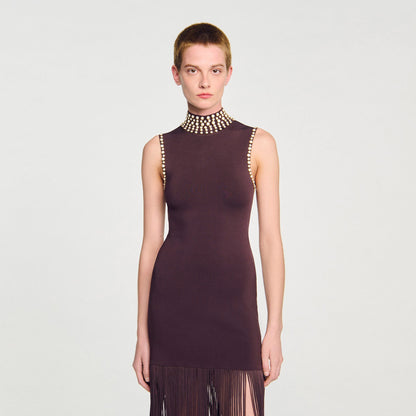 Sandro Fringed knit midi dress Brown