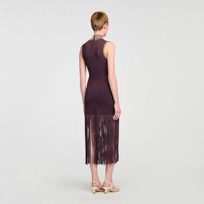 Sandro Fringed knit midi dress Brown