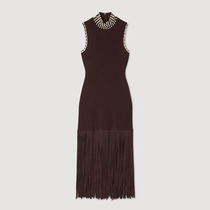 Sandro Fringed knit midi dress Brown