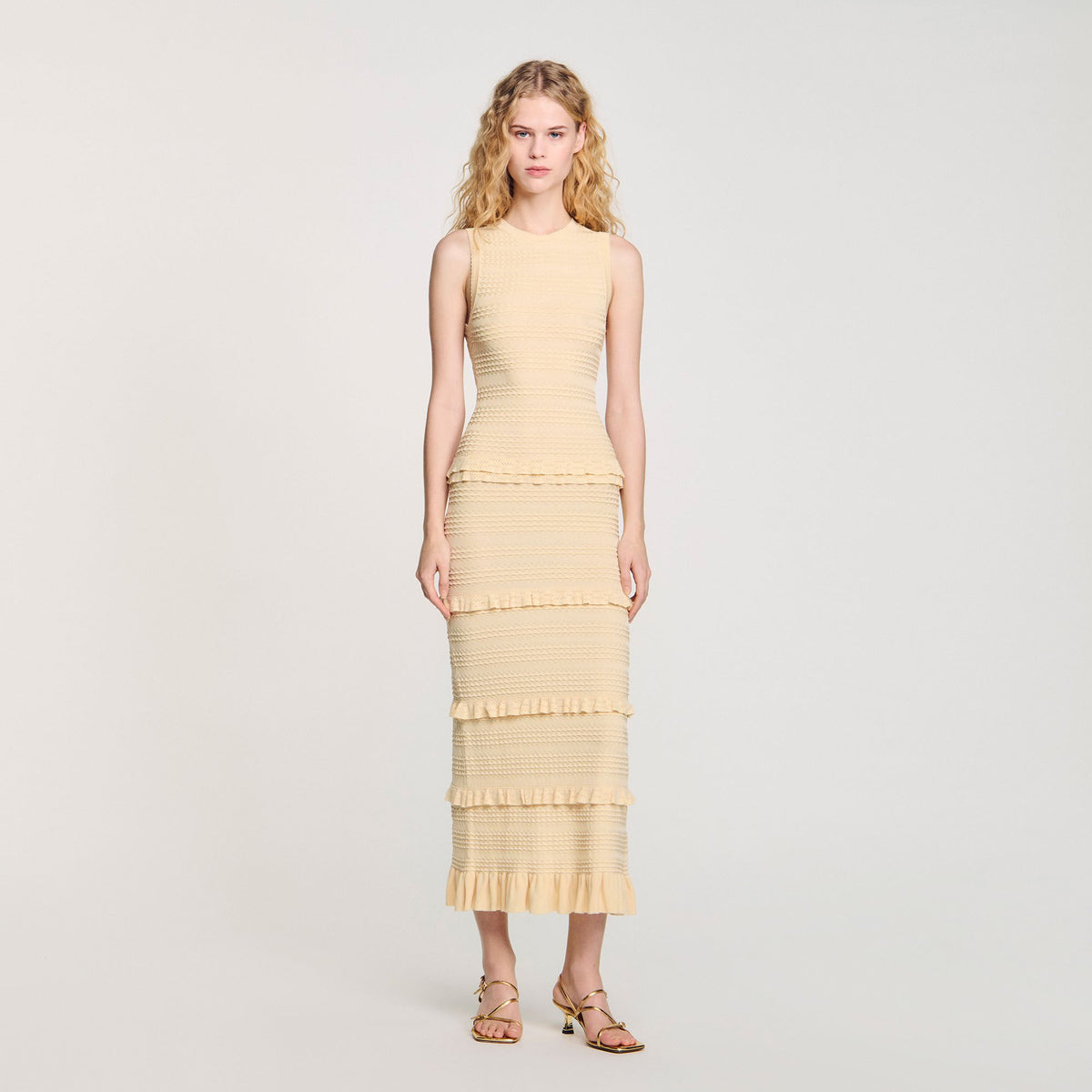 Sandro Ruffled knit maxi dress Ecru