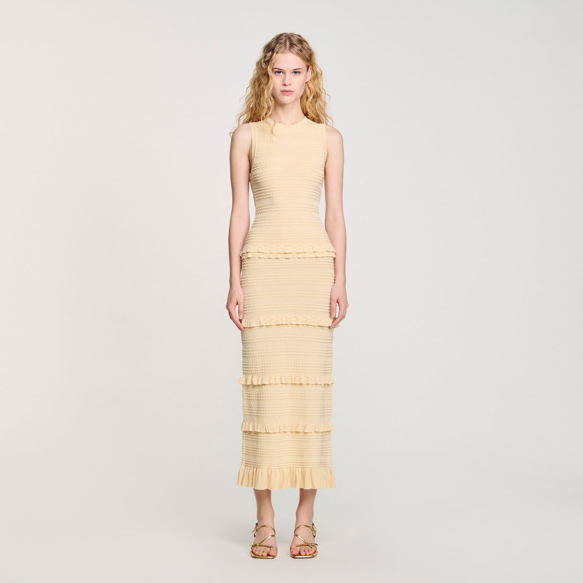 Sandro Ruffled knit maxi dress Ecru