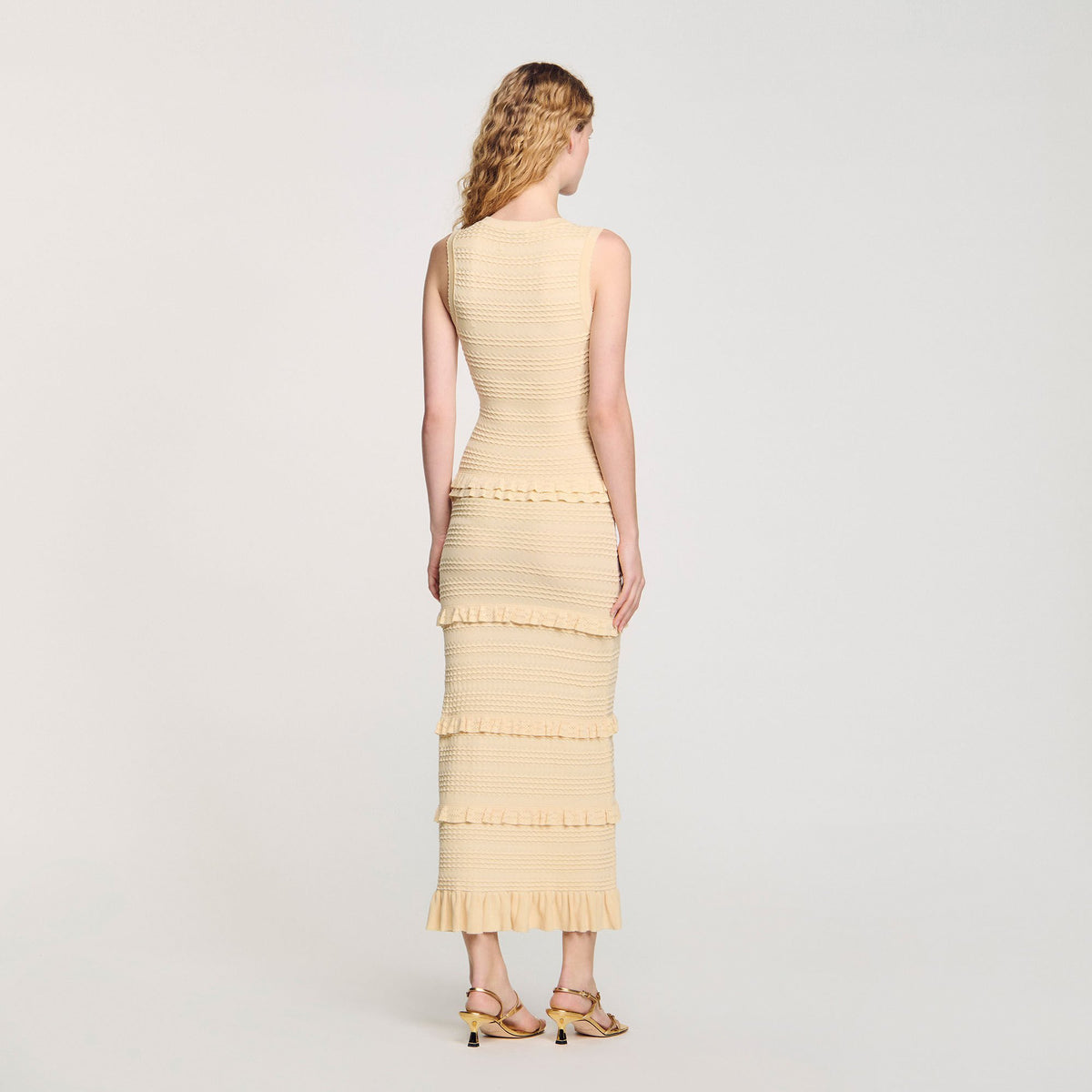 Sandro Ruffled knit maxi dress Ecru