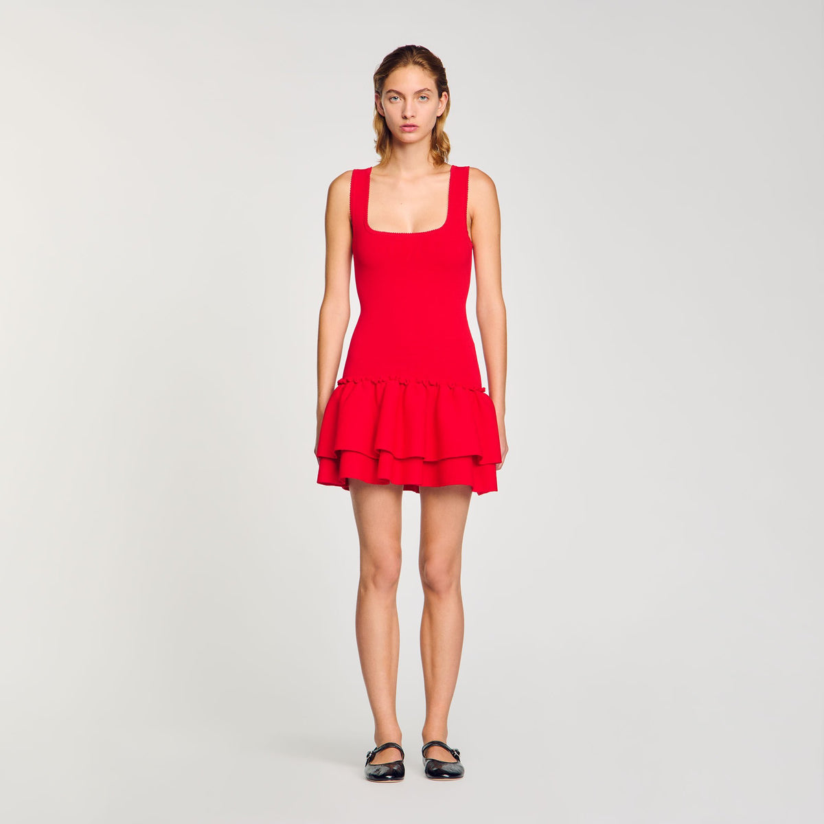 Sandro Mini knit dress with ruffles Red