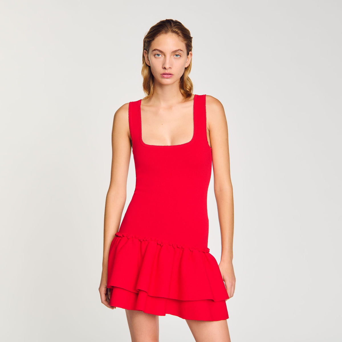 Sandro Mini knit dress with ruffles Red