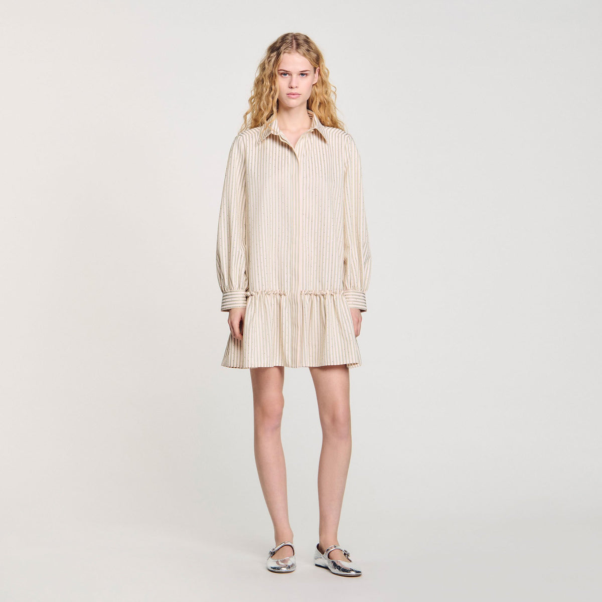 Sandro Rhinestone striped shirt dress Khaki / Pink