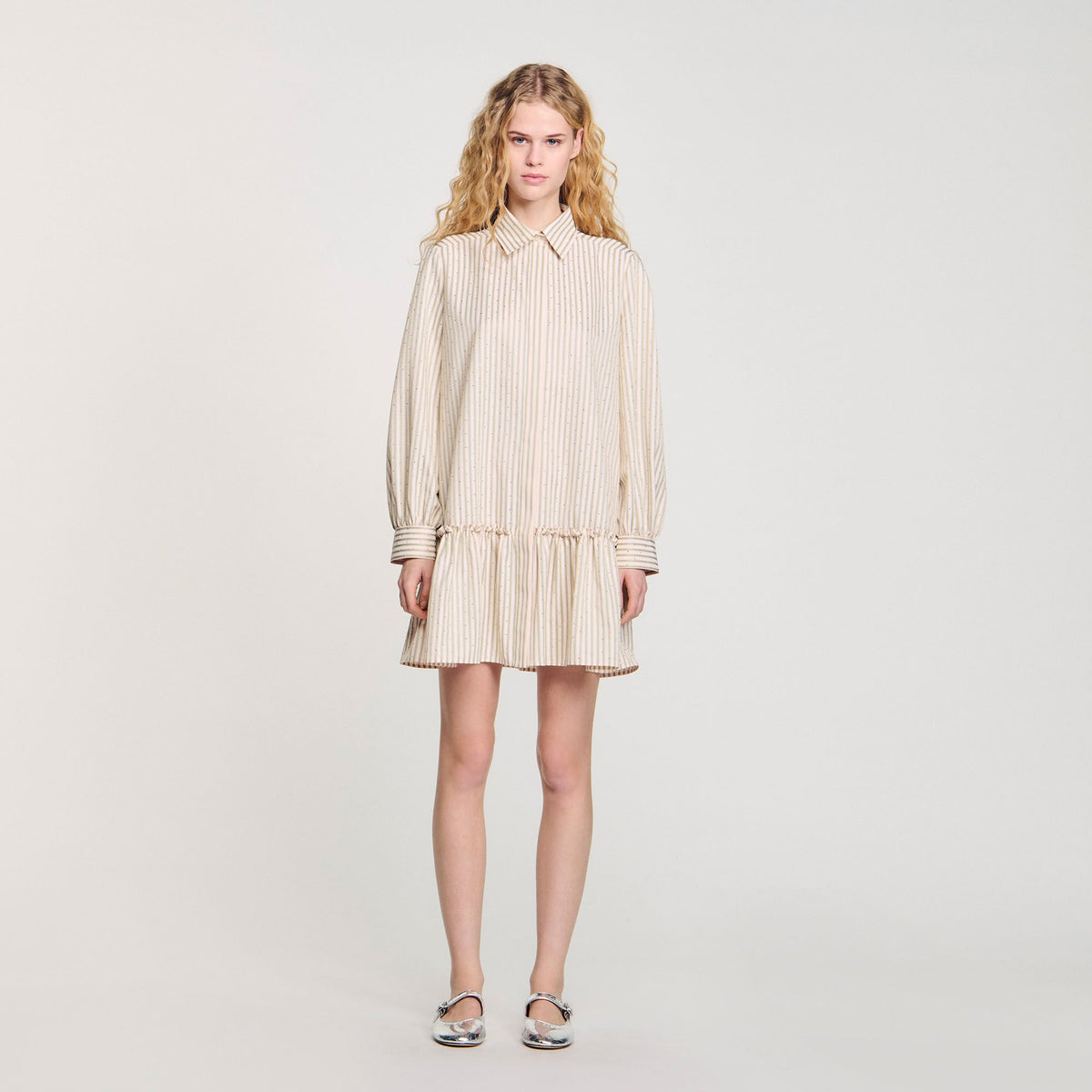 Sandro Rhinestone striped shirt dress Khaki / Pink