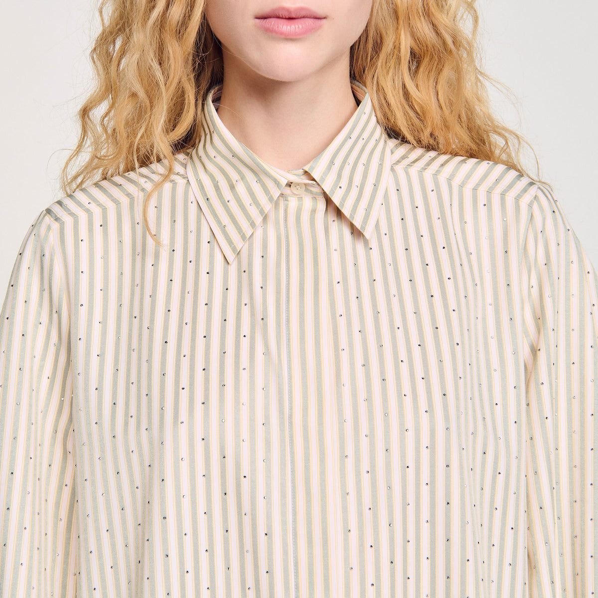 Sandro Rhinestone striped shirt dress Khaki / Pink