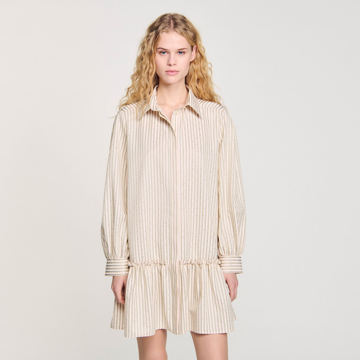 Sandro Rhinestone striped shirt dress Khaki / Pink